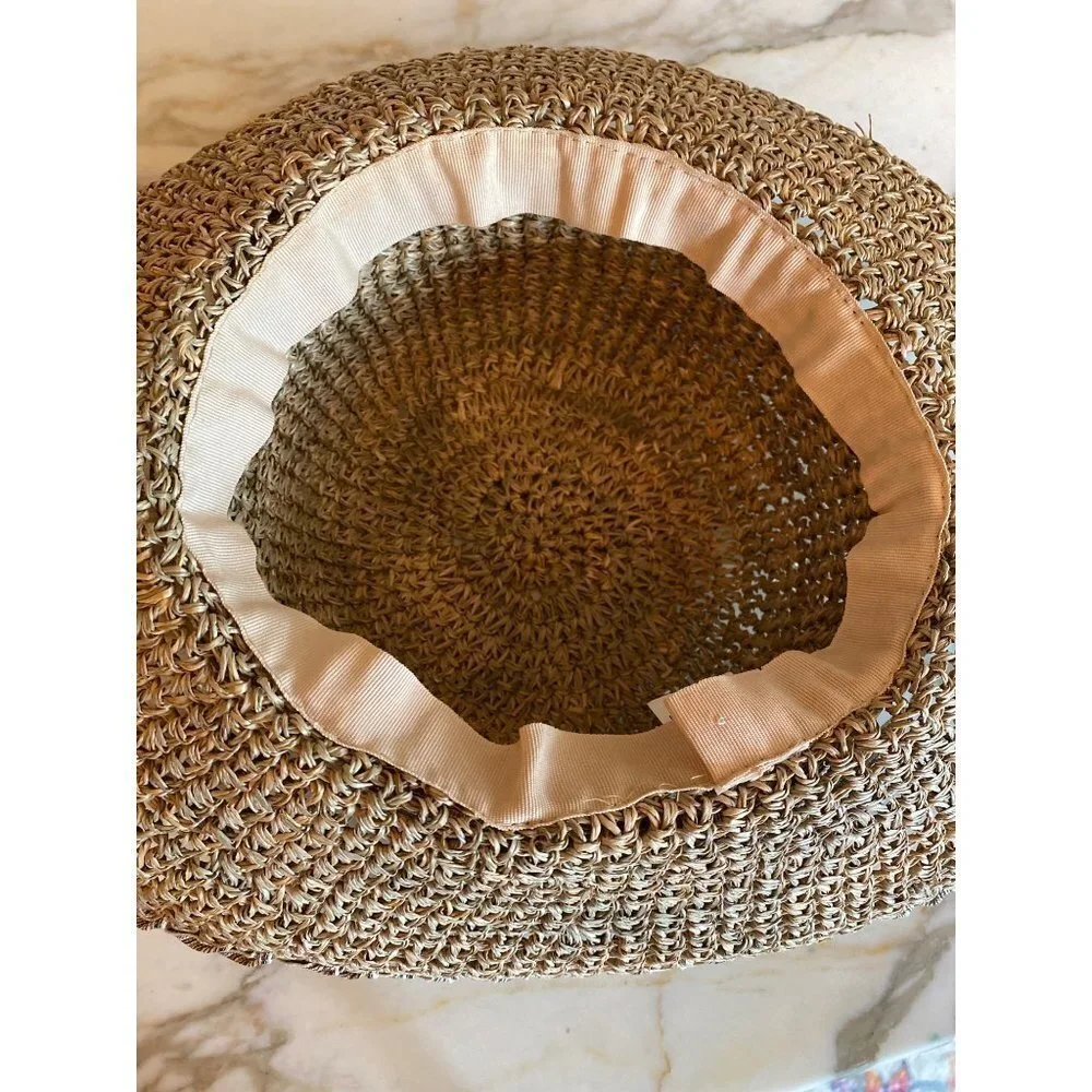 Natural Straw Hat Neutral Striped‎ Ribbon Detail One Size
